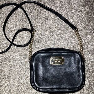 Michael Kors Black Leather Crossbody Bag With Gold Chain Trim 6” X 5”